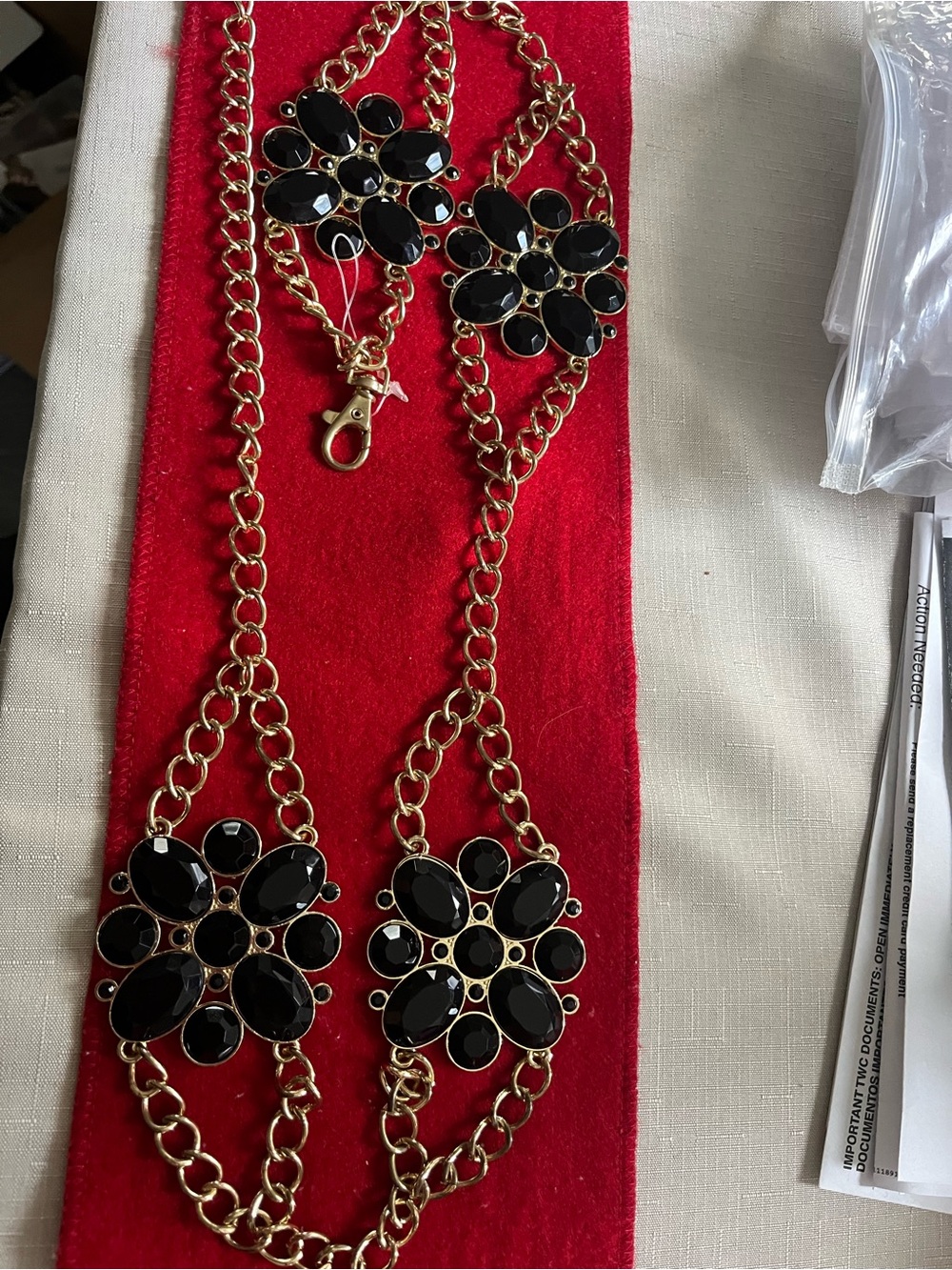 Gold Chain Necklace with Black Floral Gem Accents - Women Jewelry